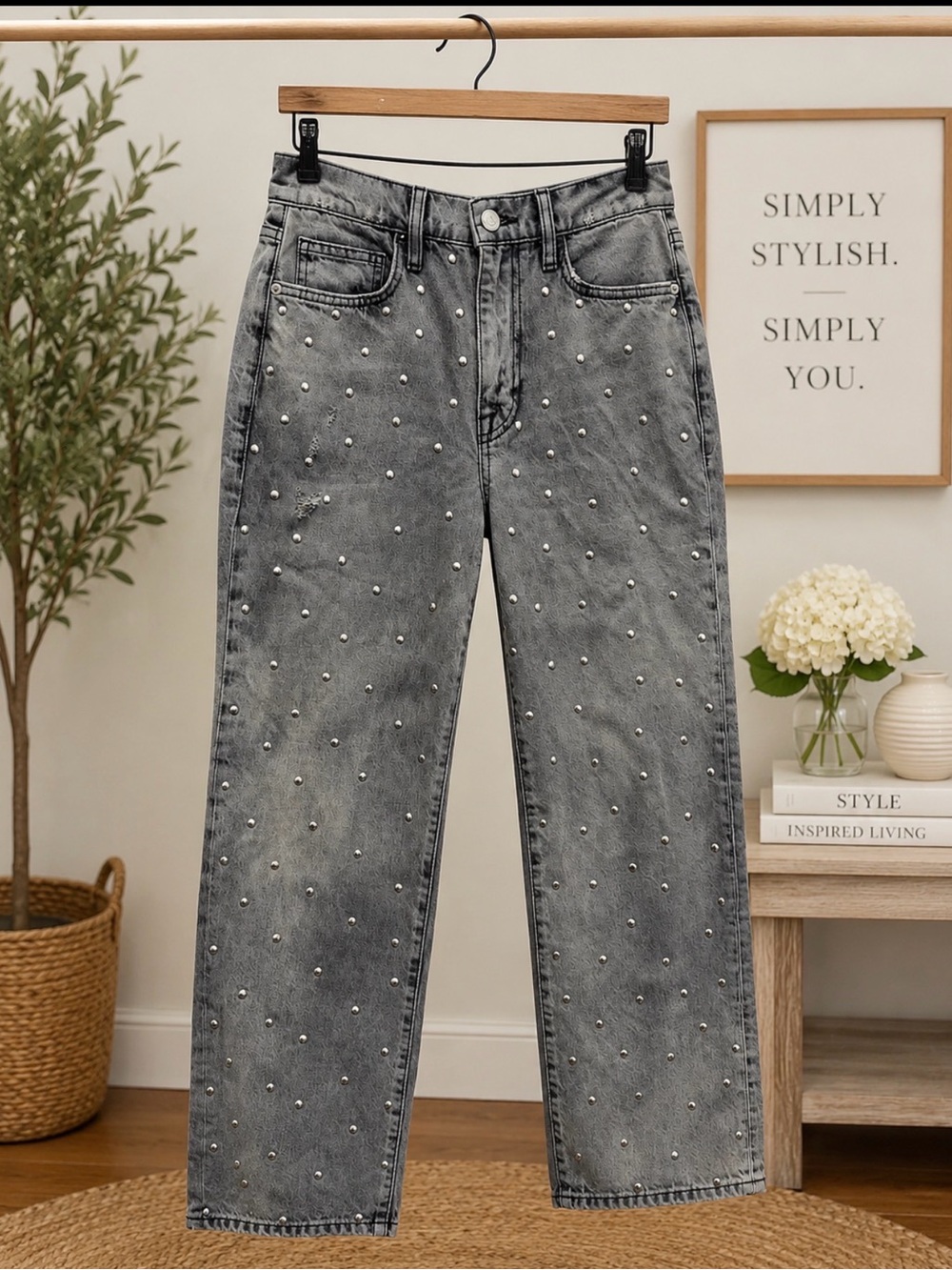 Frame le Jane crop Denim Gray studded Embellished Straight Jeans size 24